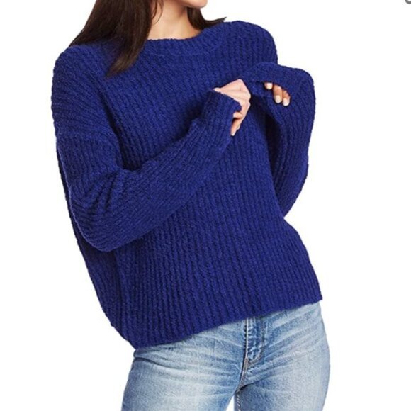 1.State Crewneck Blue Terry Ribbed Oversized Sweater - Picture 2 of 7